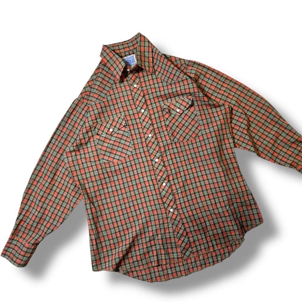 American Hero Western Plaid Snap Button Shirt Mens Large L Vintage Style
